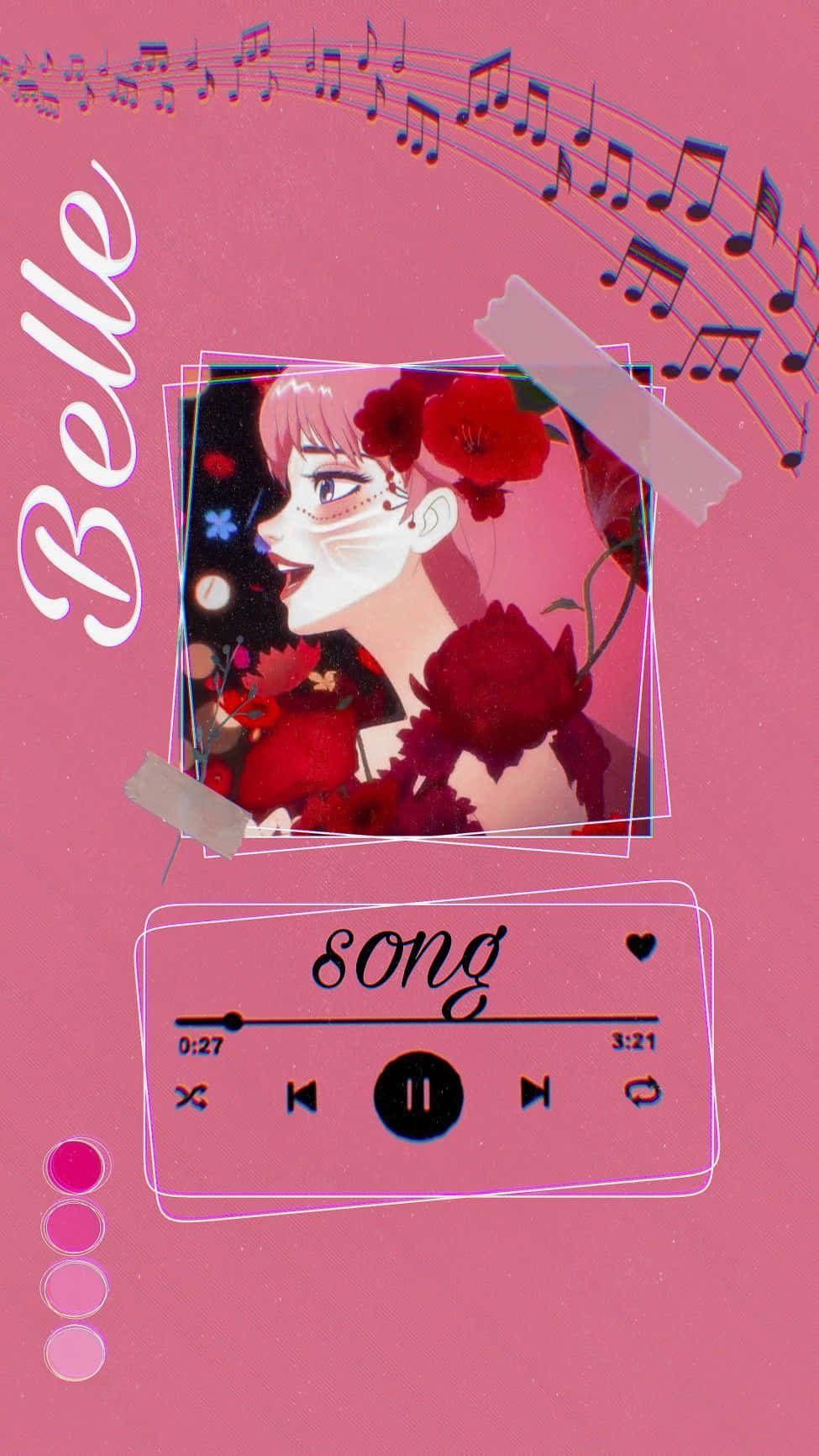 粉紅色動漫女孩肖像，玫瑰用膠帶貼在相框內，相框上方有標有Belle和song的音樂播放器。