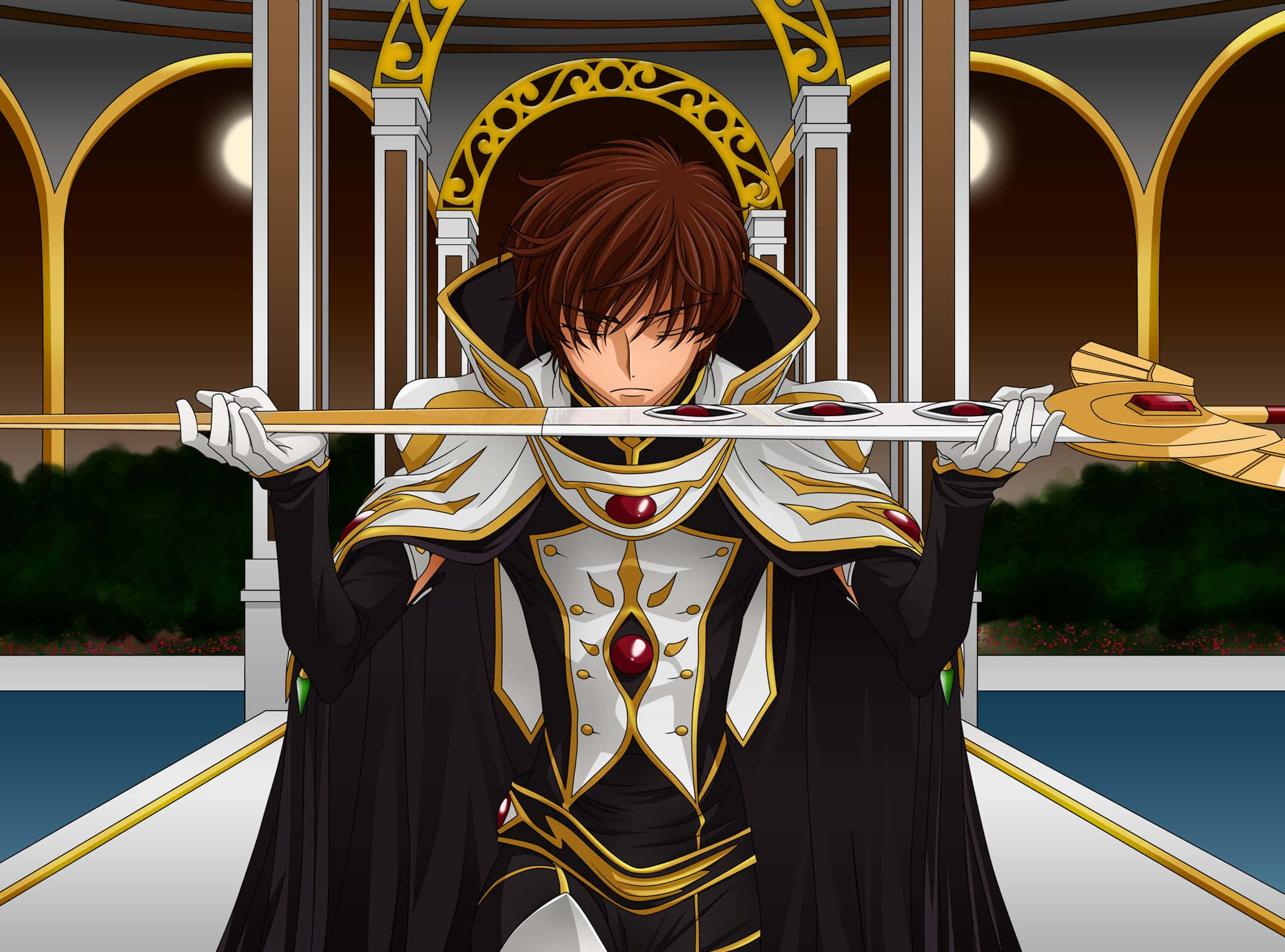 Suzaku Kururugi 桌布 壁紙 — 動畫角色身穿華麗的黑金盔甲，在夜晚的金色拱門下手持發光劍。