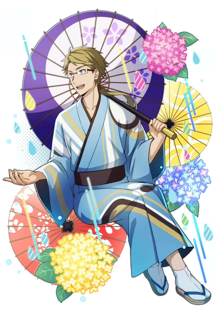 Kunikida 桌布 壁紙 — 動畫角色身穿藍色和服，手持彩色雨傘，周圍環繞著鮮豔的繡球花和雨滴。