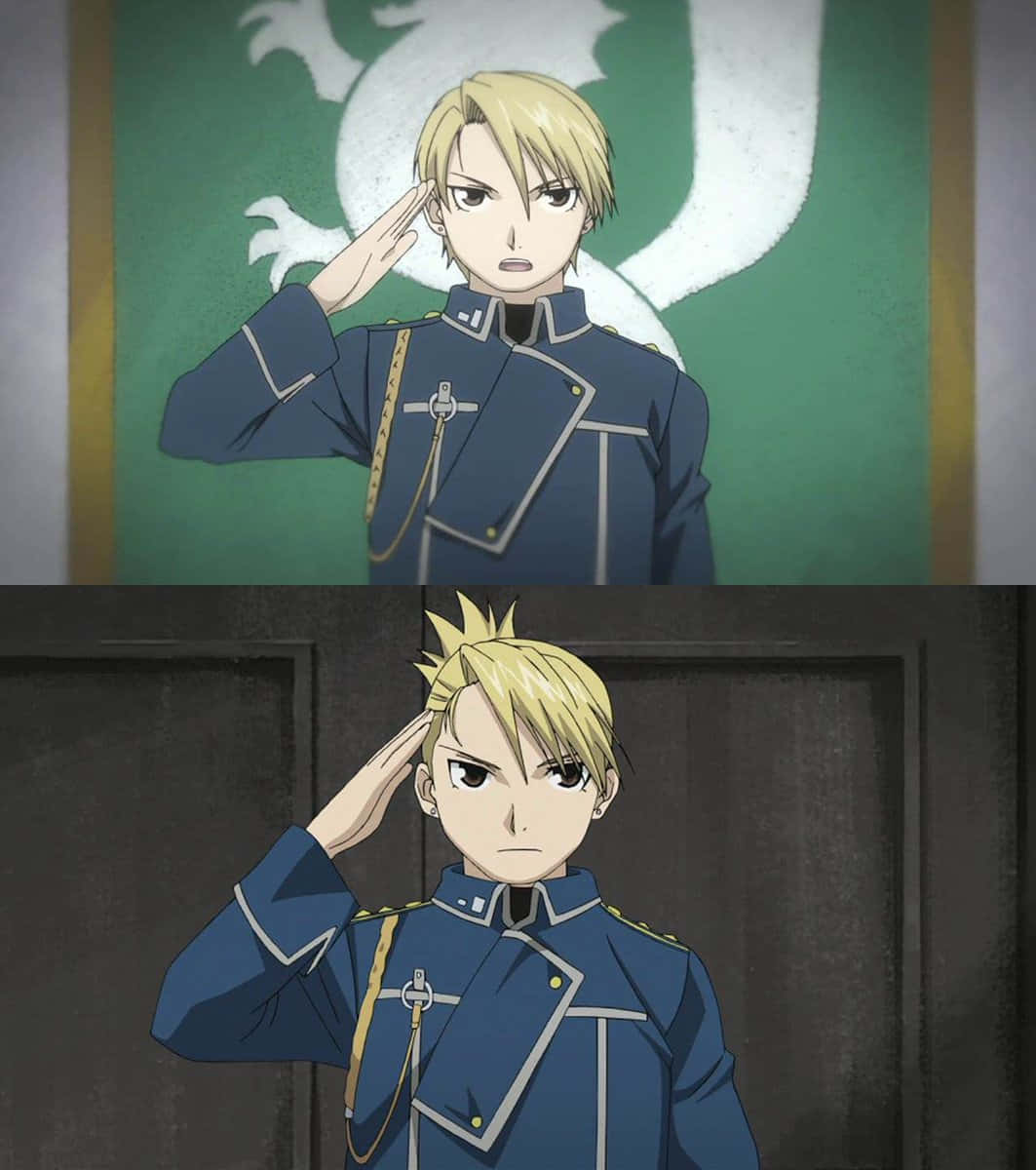 Riza Hawkeye 桌布 壁紙 — 動畫角色身穿藍色軍服，在綠色龍旗和深色木門前嚴肅敬禮。