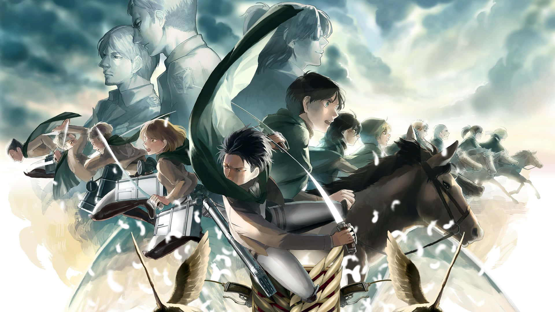 Survey Corps 桌布 壁紙 — 動畫角色身穿軍裝騎馬，帶著堅定的表情在暴風雨中滑翔。