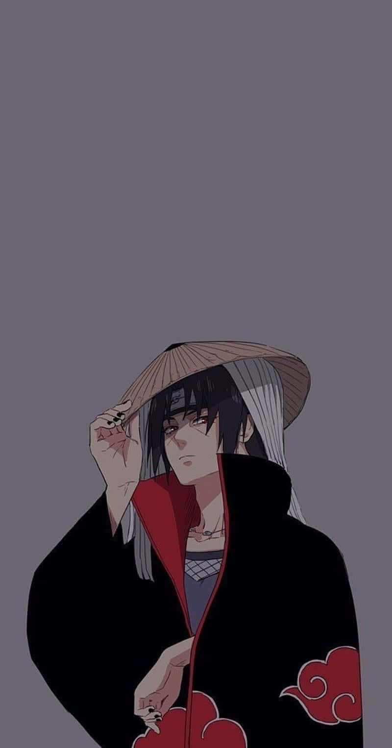 Akatsuki Hat 桌布 壁紙 — 動畫角色身穿黑色斗篷，帶有紅色雲朵和草帽，背景為柔和的灰色。