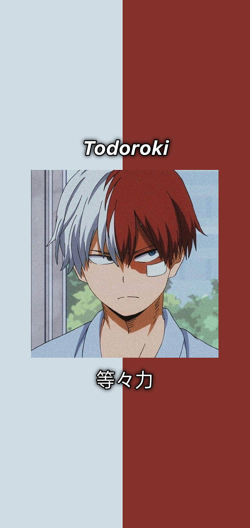 Todoroki Aesthetic My Hero Academia White Red Background 壁紙 — 動畫角色轟焦凍，頭髮半紅半白，站在窗邊，背景分為紅色和藍色。