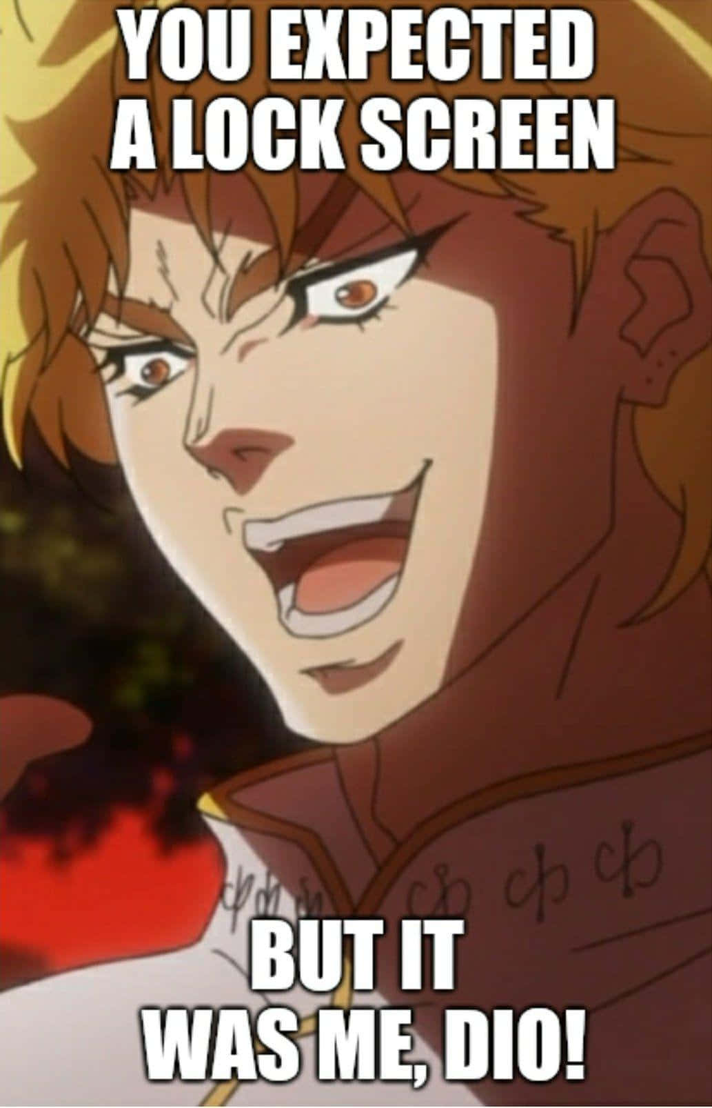 Jojo Meme 桌布 壁紙 — 動畫角色迪奧·布蘭度在深紅色背景上，帶有粗體白色文字，以銳利的眼神和火焰般的頭髮冷笑。