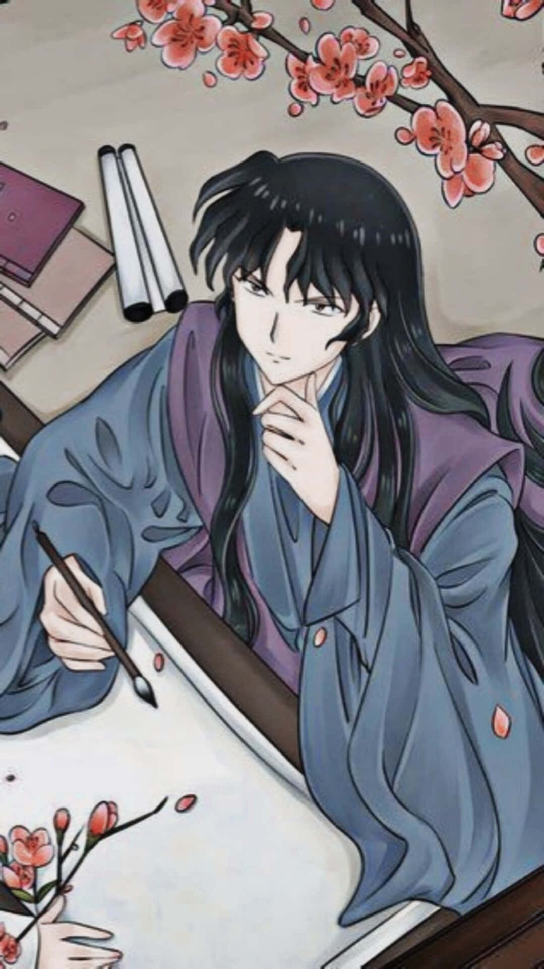 Naraku 桌布 壁紙 — 動畫角色長黑髮穿紫色長袍，沉思地素描周圍飄落的櫻花。