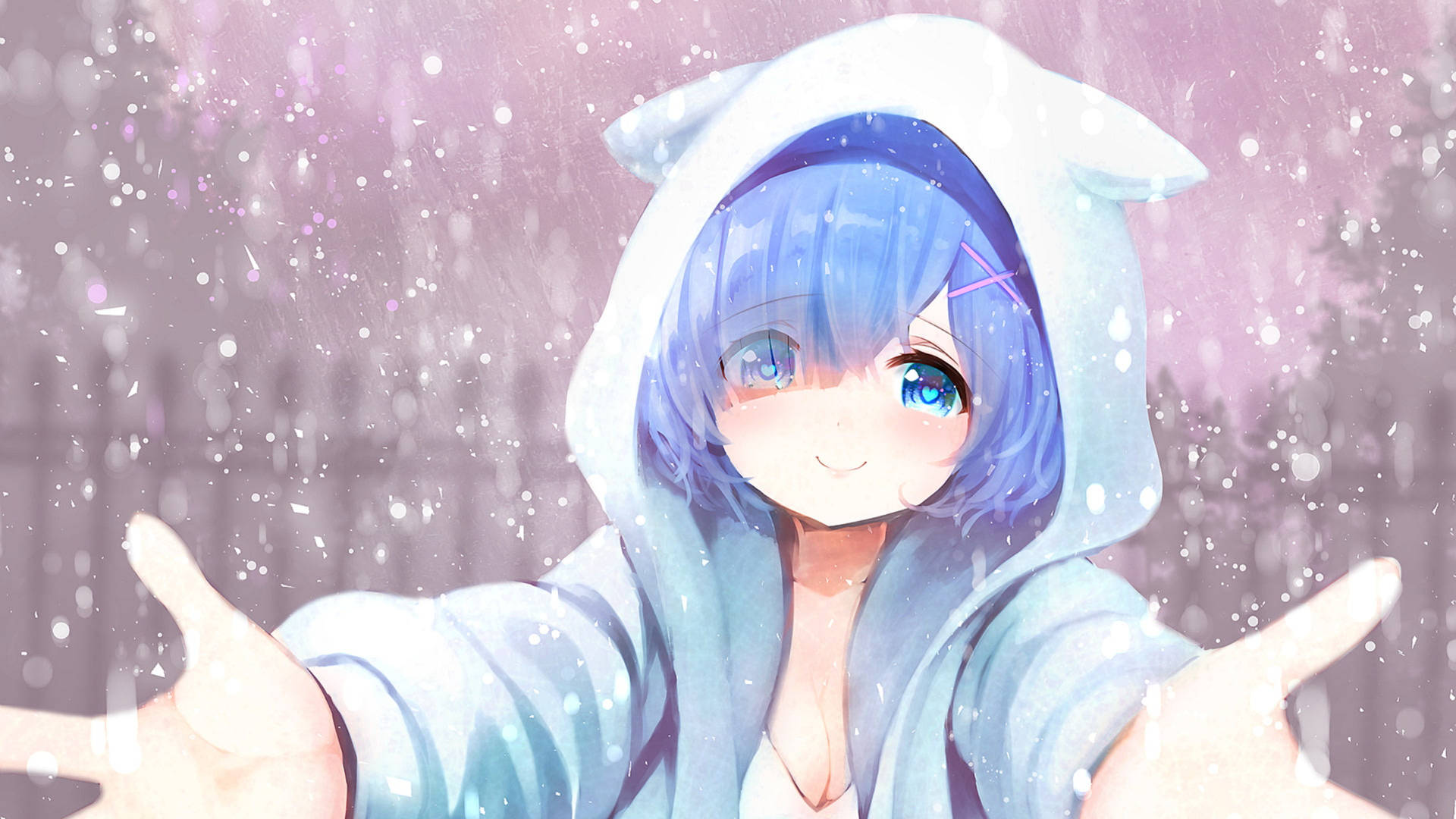 動畫女孩穿著藍色連帽衫在飄雪中微笑
