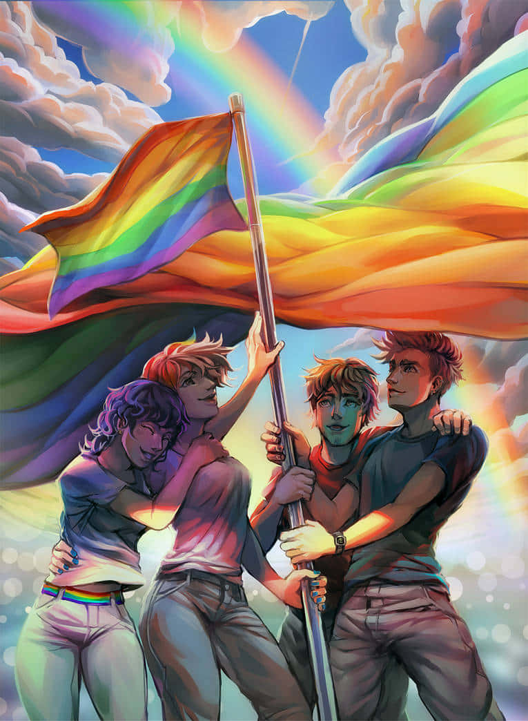 動畫角色高舉LGBT彩虹旗 壁紙 — 四個快樂的年輕人自豪地舉起彩虹旗，背景是帶有彩虹和蓬鬆雲朵的鮮豔天空。