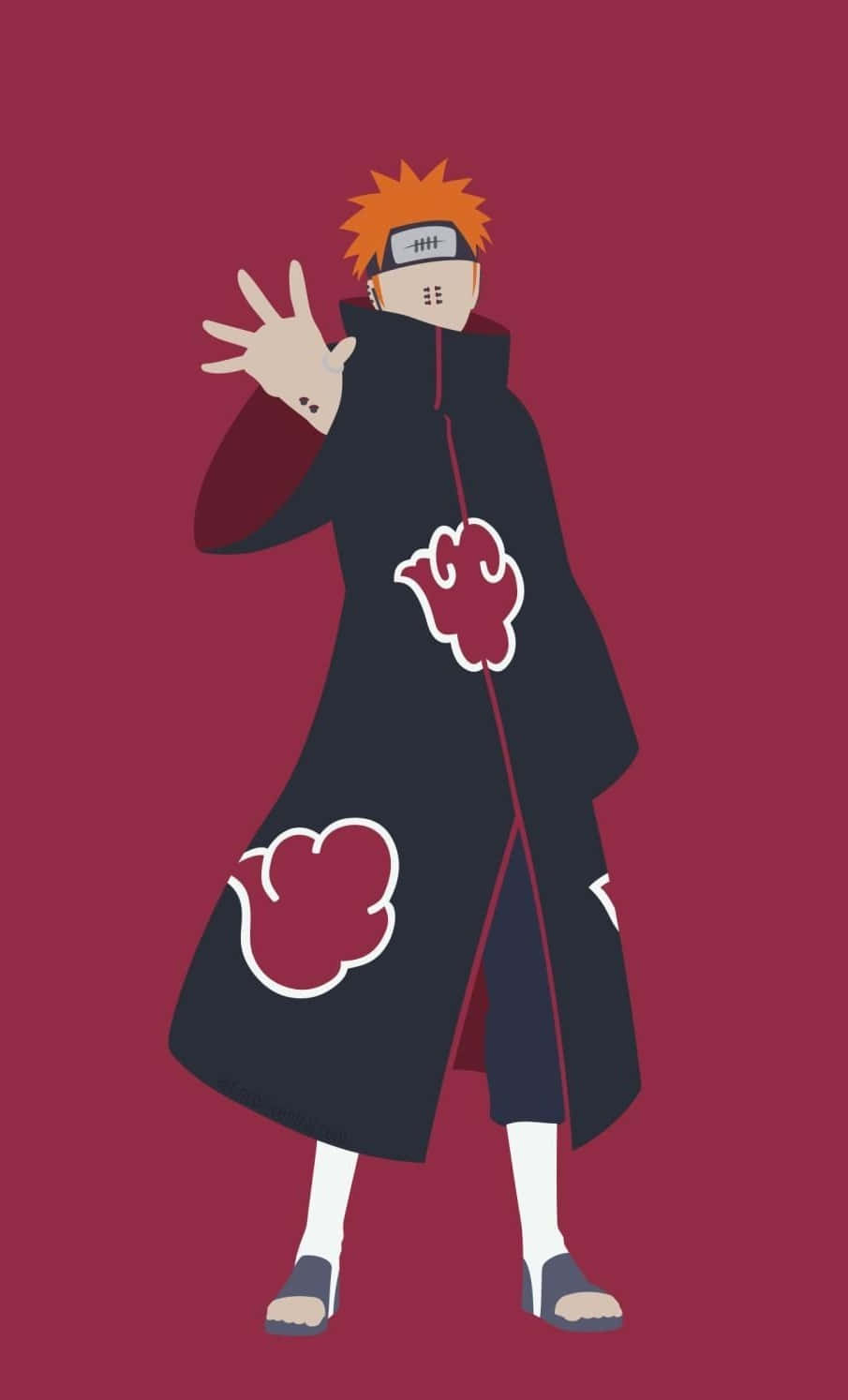 Akatsuki Pain 桌布 壁紙 — 動畫角色鳴人穿著曉組織斗篷，在純栗色背景上以粗獷的極簡線條揮手。