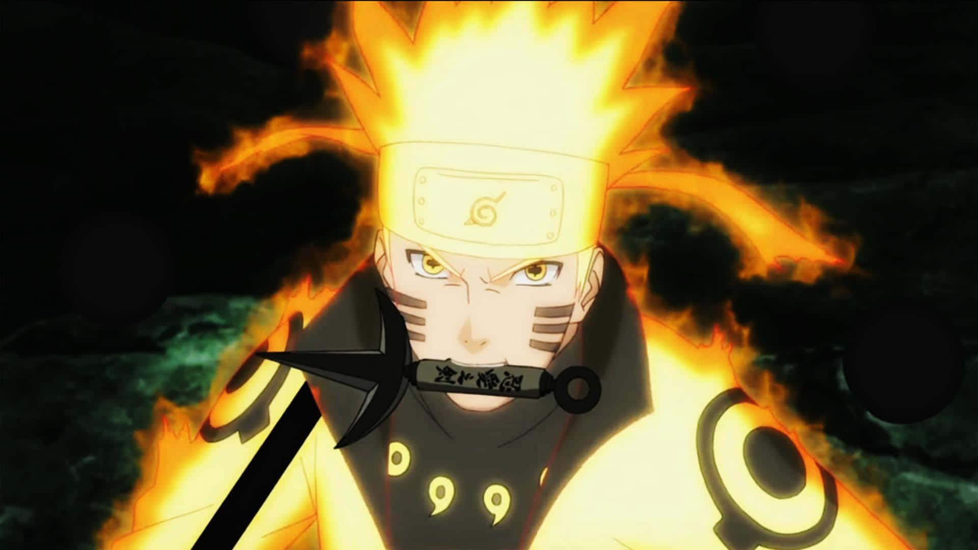 Naruto Sage Mode 桌布 壁紙 — 動畫角色鳴人處於九尾查克拉模式，帶有熾熱的橙色光環和堅定的表情。