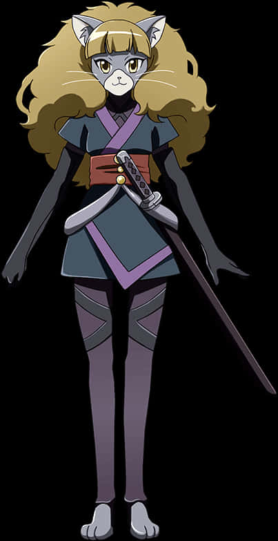 動畫貓耳武士角色 壁紙 — 一位貓耳金髮動漫少女穿著深色服裝，在黑色背景前手持劍。