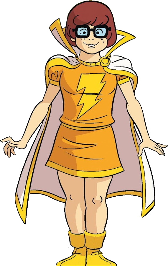 動畫超級女英雄服裝 壁紙 — 一個穿著黃色閃電服、戴眼鏡和披風的開朗卡通女孩，自信地站在黑色背景前。