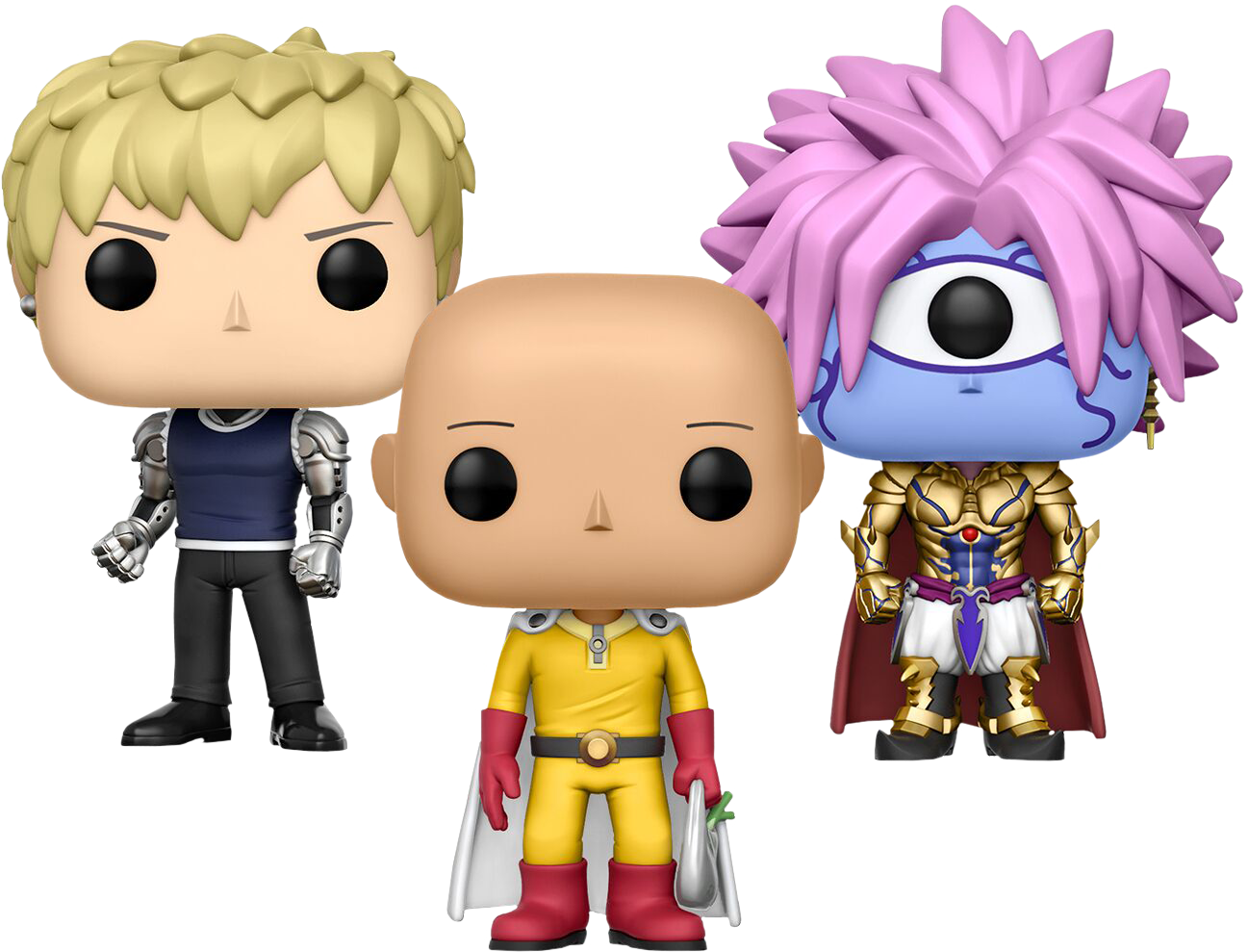 動畫超級英雄人偶 壁紙 — 三個 Funko Pop! 動漫角色人偶，擁有鮮明多彩的頭髮和服裝，站在純白色背景前。