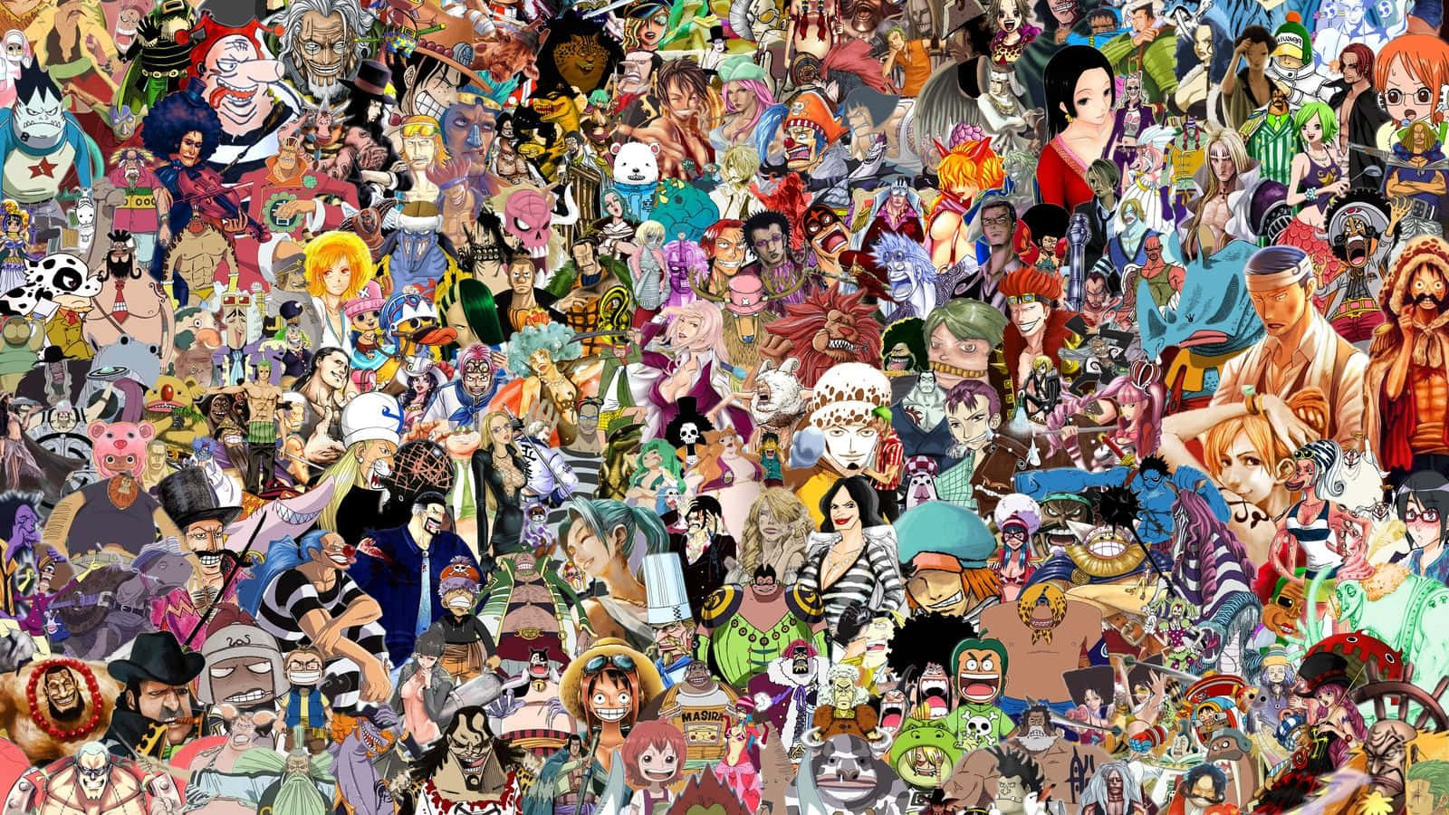 動畫趣味大爆炸！ 壁紙 — 一幅充滿活力的One Piece動畫角色拼貼畫，密集地聚集在一起，形成混亂的粉絲慶祝活動。