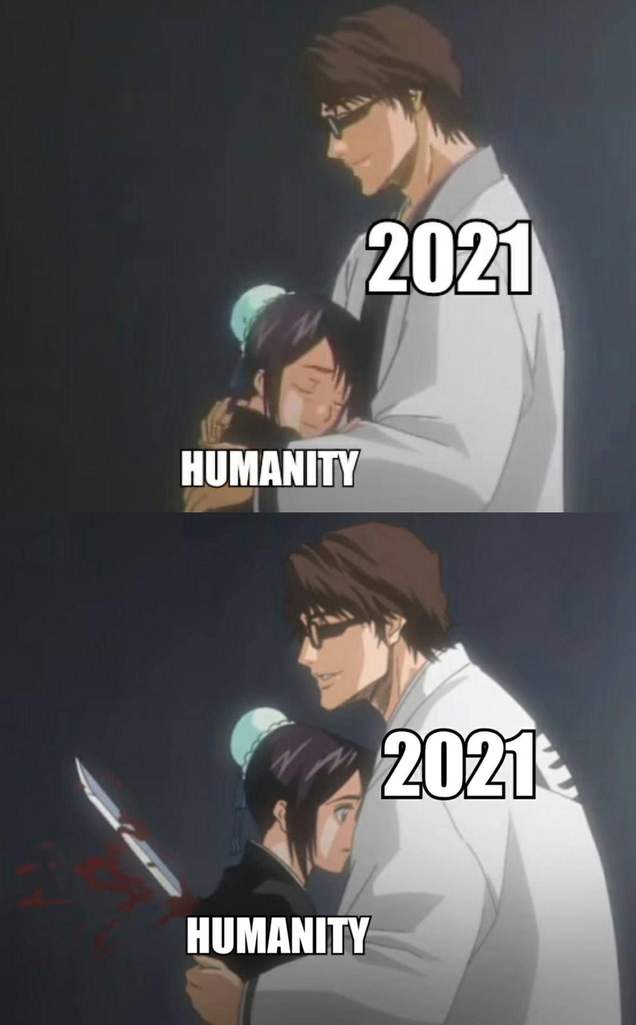 動畫迷因 2021 年 壁紙 — 動漫角色在黑暗場景中抱著另一個角色，文字疊加顯示2021和人性。