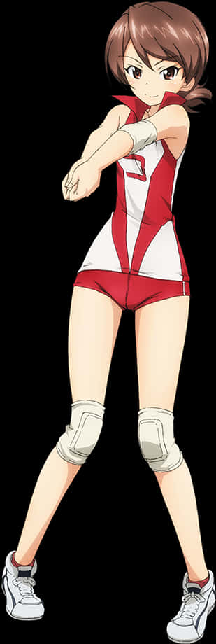 動畫運動女孩角色 壁紙 — 動漫女孩穿著紅白排球服，在黑色背景前擺出運動姿勢。