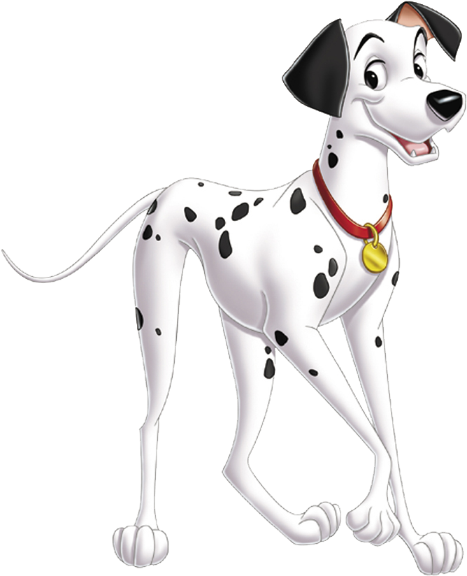 動畫達爾馬提亞犬站立圖 壁紙 — 一隻快樂的卡通斑點狗，帶有黑色斑點和紅色項圈，在純黑色背景上開心地微笑。