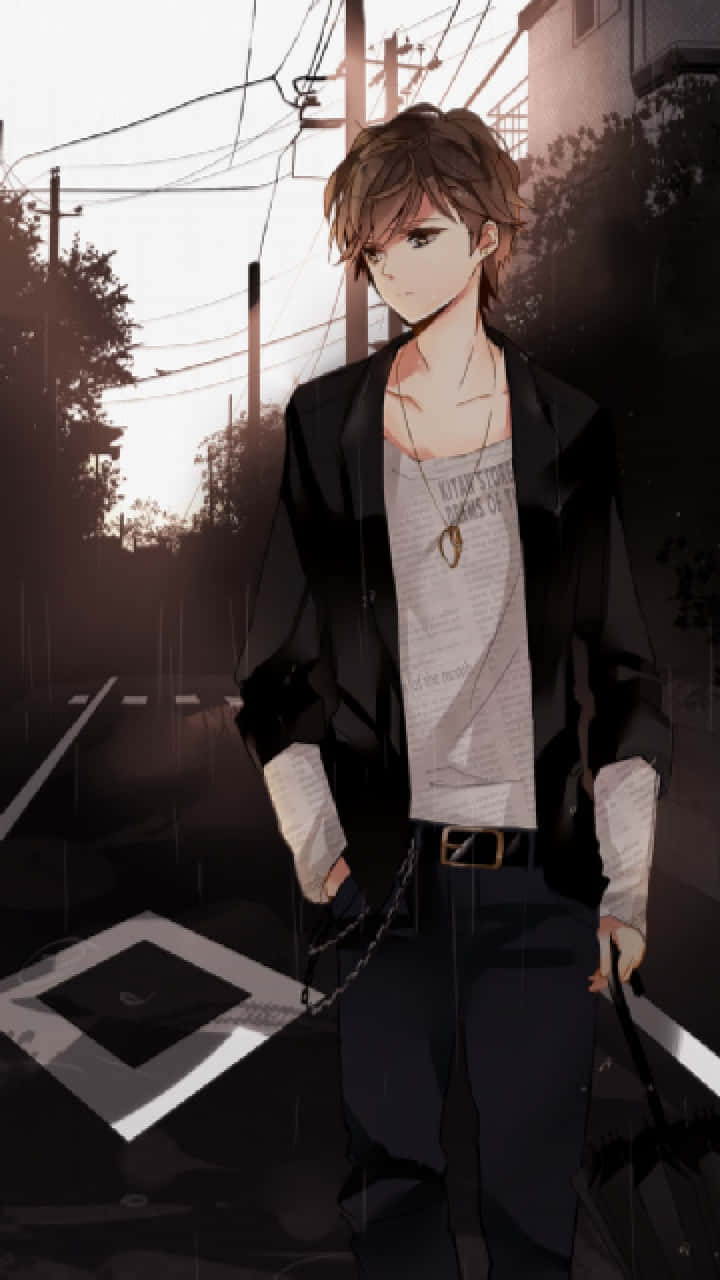 動漫男孩在雨中，黃昏時分在城巿街道上撐傘。