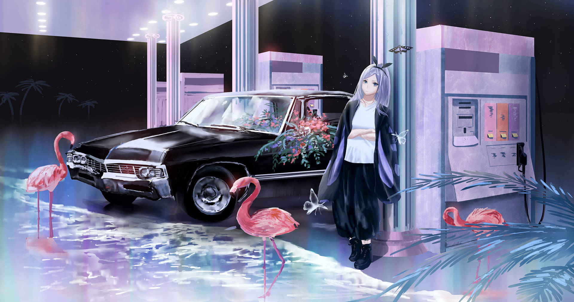 動漫女孩在霓虹加油站，與粉紅色火烈鳥和經典汽車一起，在星空下。