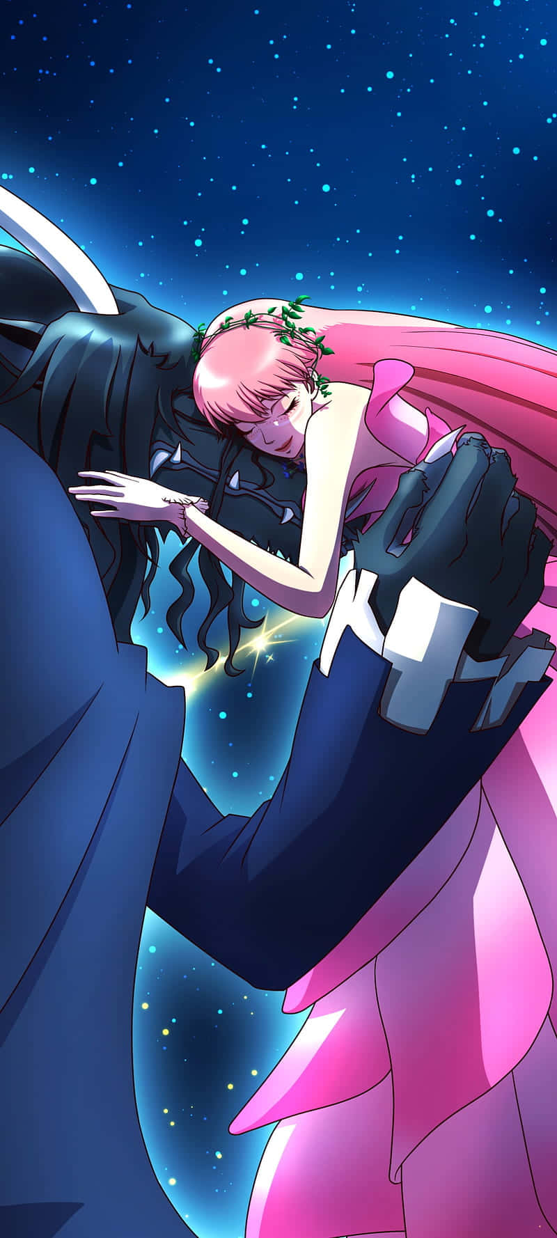 粉紅色頭髮動漫女孩在星空下擁抱深色頭髮人物