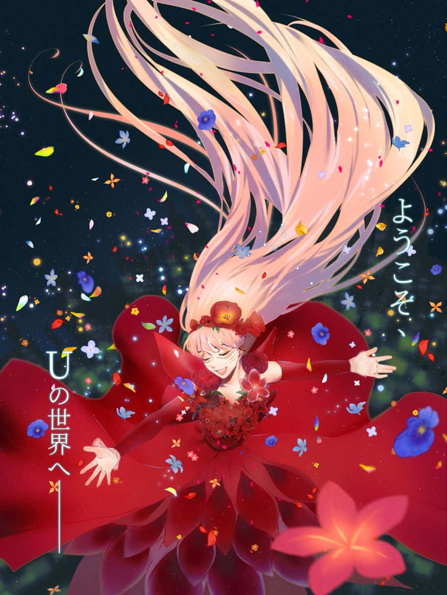 穿著紅色花卉連衣裙的動漫女孩在星空下與花瓣共舞。