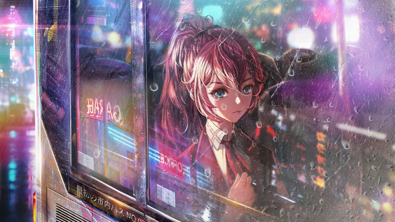 動漫女孩從有雨痕的窗戶望向夜晚發光的霓虹城市。