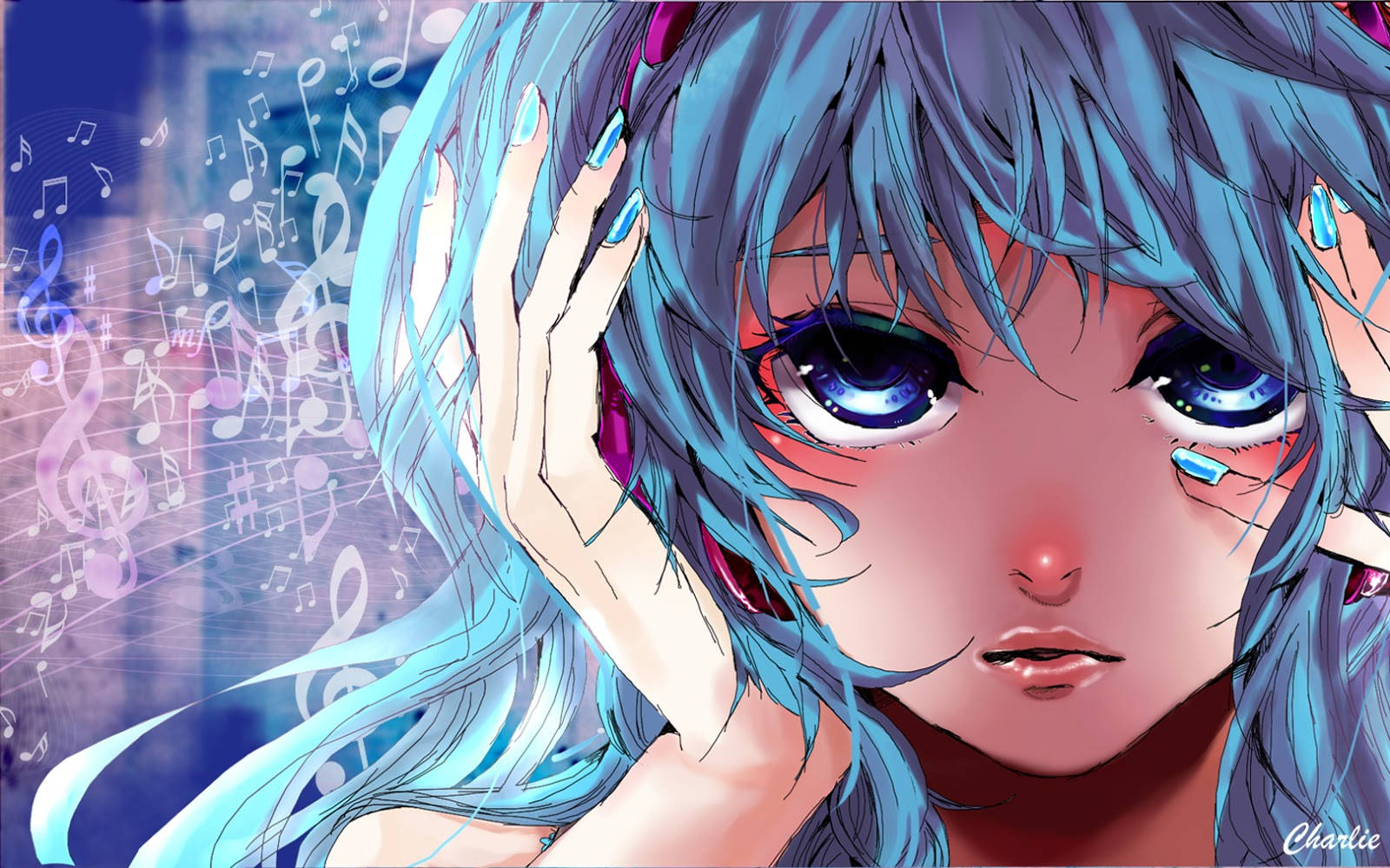 藍髮藍眼的動漫少女被漂浮的音樂符號包圍。