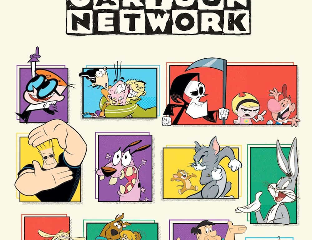 Cartoon Network 標誌與色彩繽紛框架中的經典動畫角色網格。