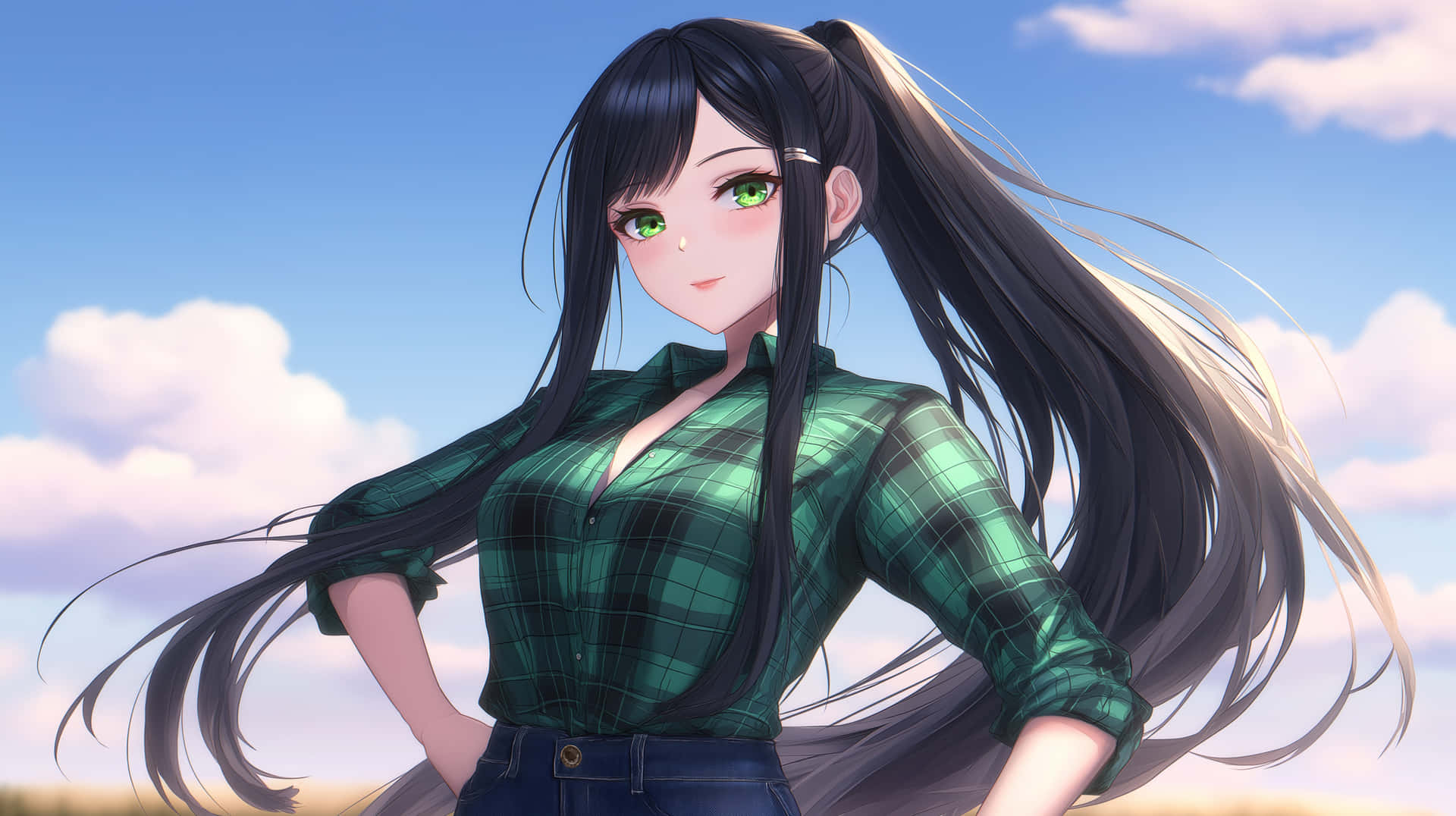 動漫女孩，長長的黑髮和綠色的眼睛，穿著綠色格仔襯衫，站在戶外藍天白雲下。