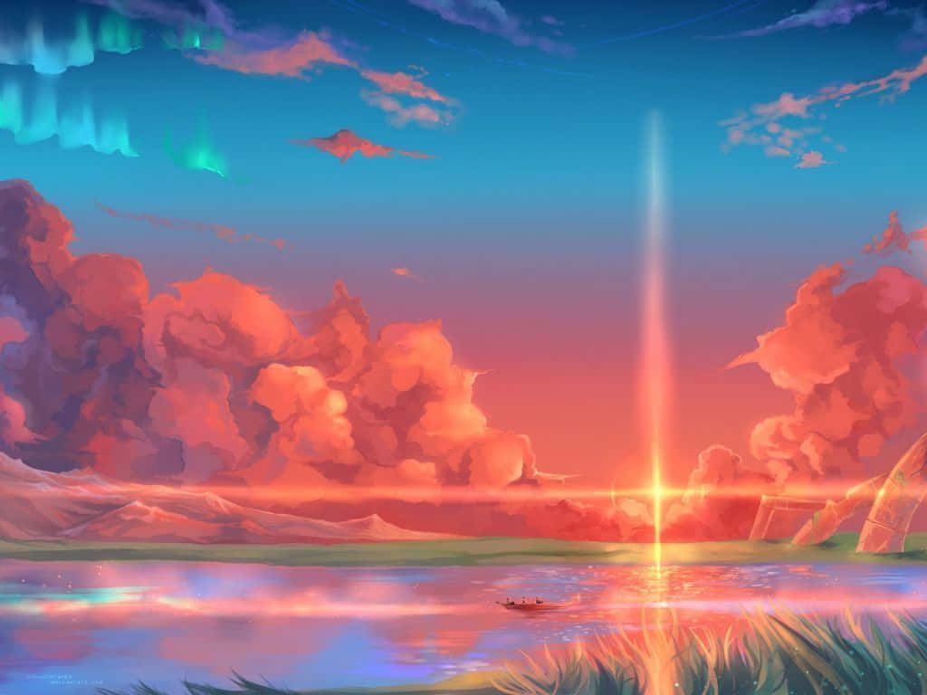 發光光束穿透粉紅雲層，映照在湖面上的極光和山脈。
