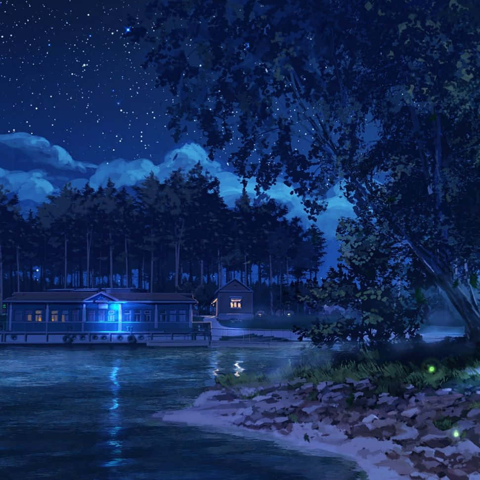 星空下，夜晚湖邊舒適的小屋，燈光閃爍。