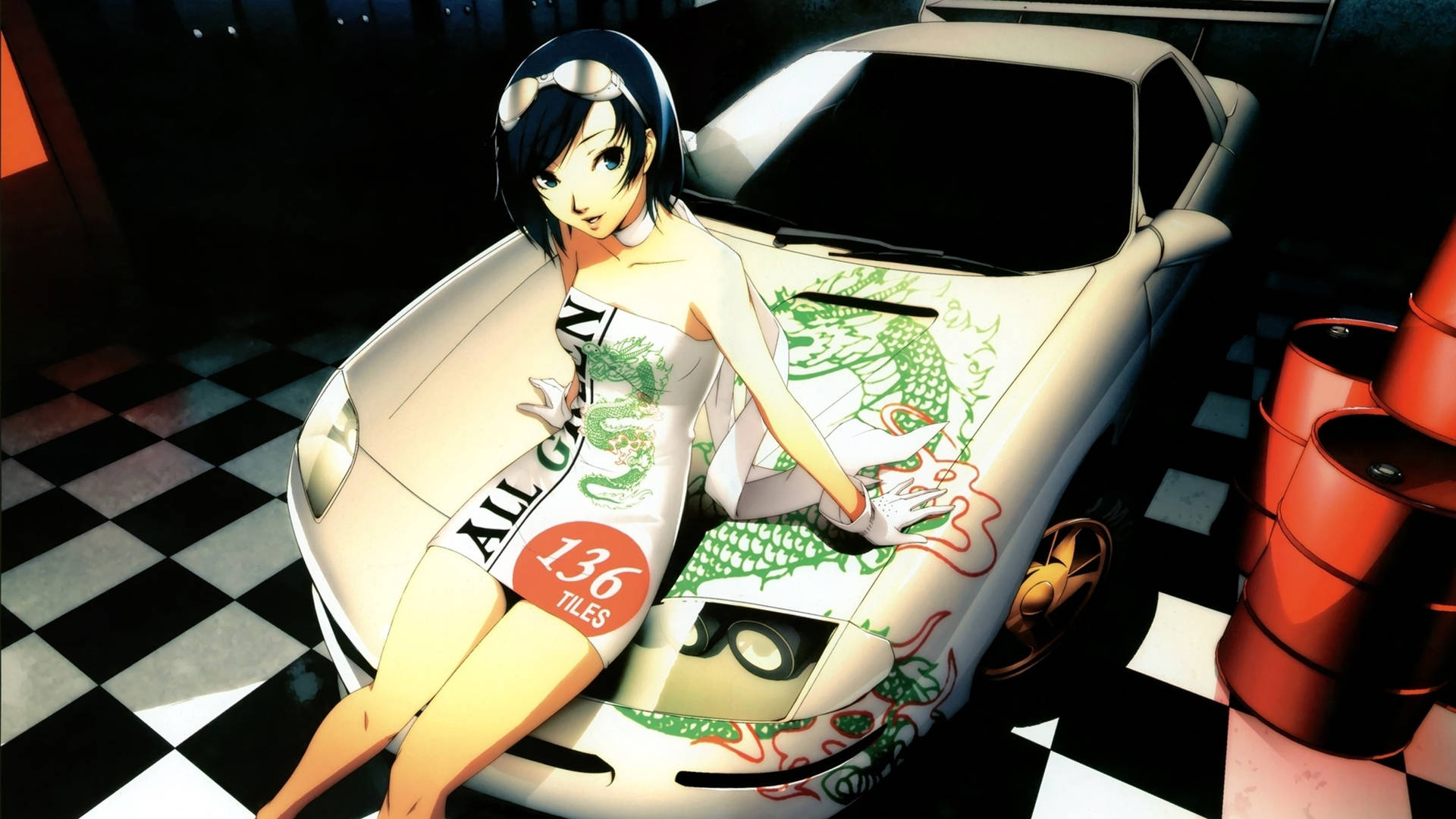 動漫女孩穿著賽車裝備，在帶有龍形圖案的白色跑車上擺姿勢。