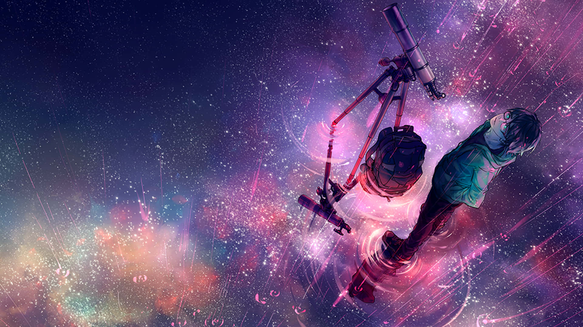 動畫風格的太空雨星雲天文學 壁紙 — 一位孤獨的天文學家漂浮在宇宙星雲中，手持望遠鏡，周圍是旋轉的粉紅色、紫色和藍色星星。