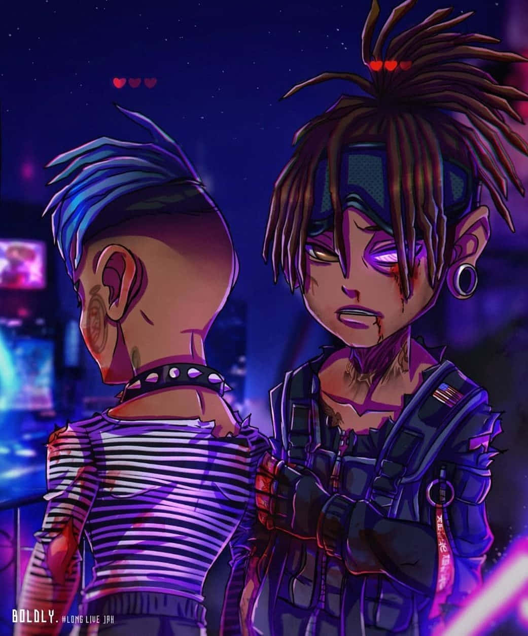 兩個穿著賽博龐克裝備的動漫角色在霓虹燈下。 — Xxxtentacion 動漫 GIF 壁紙