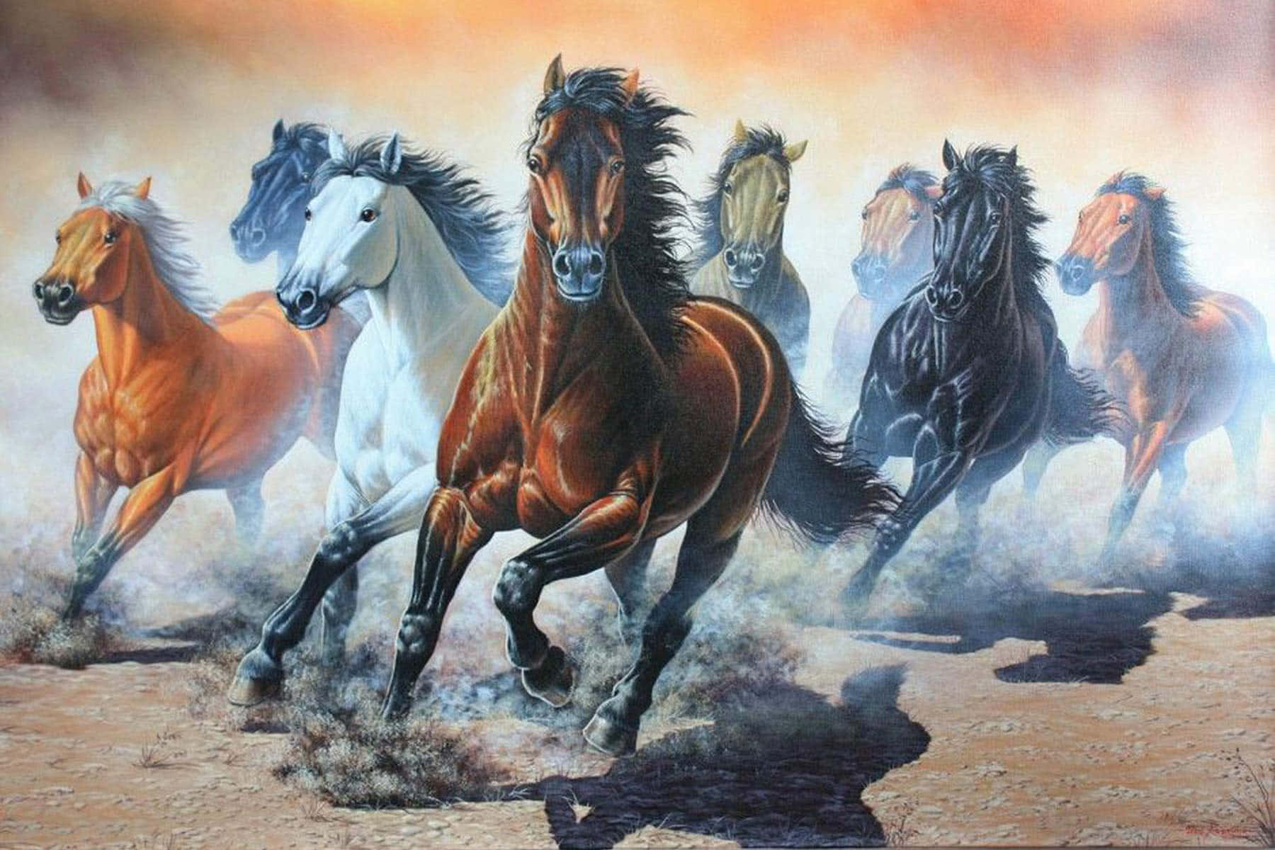 動畫馬群奔跑 壁紙 — 一幅充滿動感的油畫，描繪七匹野馬在熾熱橙色天空下奔馳過塵土飛揚的平原。