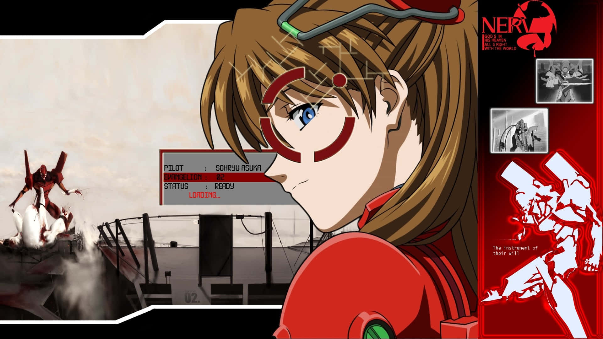 Eva-02 桌布 壁紙 — 動畫駕駛員明日香在一個高科技指揮中心，透過瞄準十字線覆蓋層連接到她的紅色 Evangelion 機體。