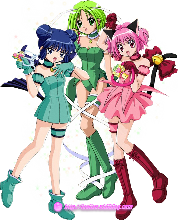 動畫魔法少女群像 壁紙 — 三個身穿色彩繽紛服裝的動漫女孩，在閃爍的星星和絲帶背景下動感地擺姿勢。