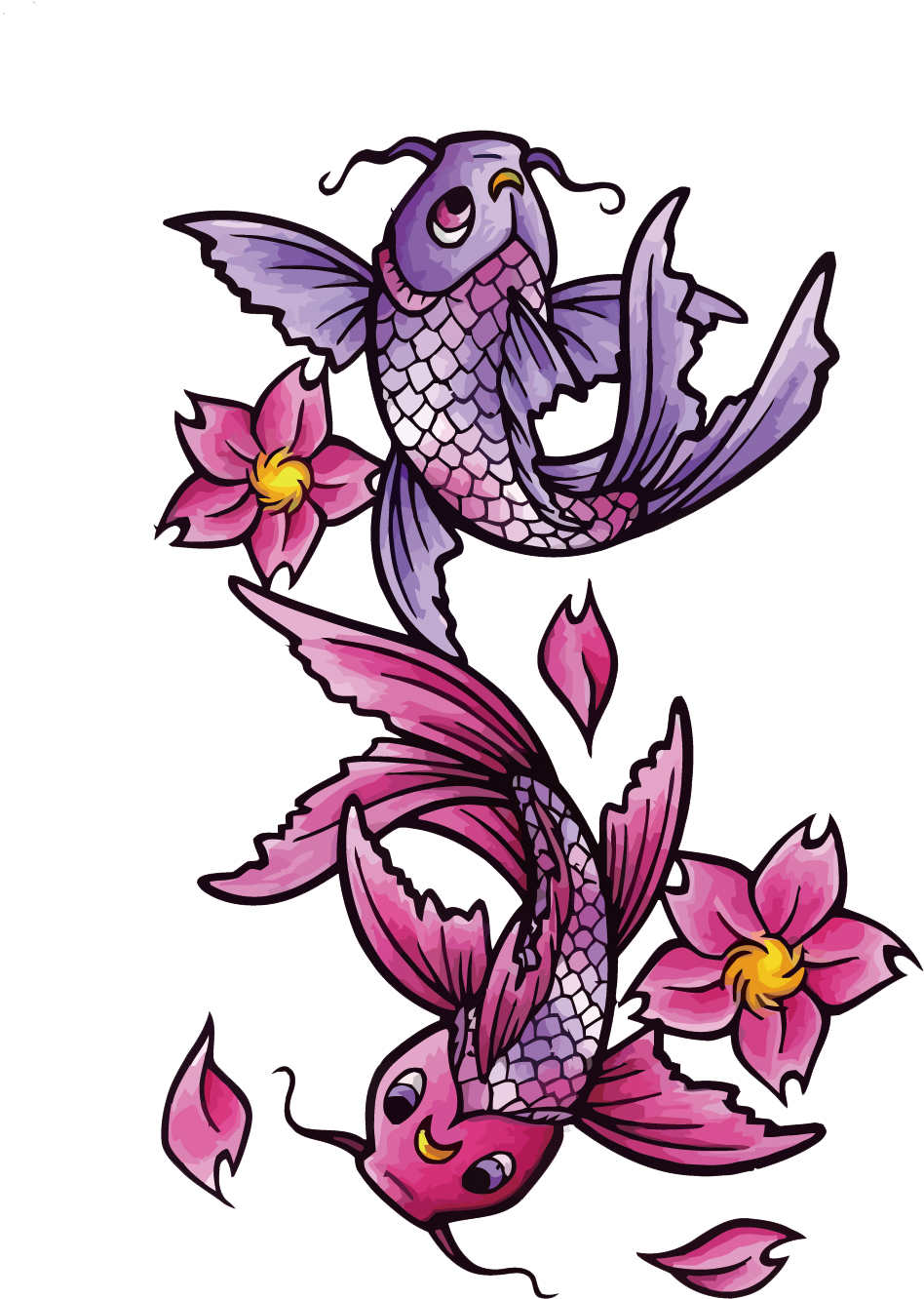 動畫鯉魚與花朵 壁紙 — 兩條風格化的紫色和粉紅色錦鯉在黑色背景上盛開的粉紅色花朵中優雅地游動。