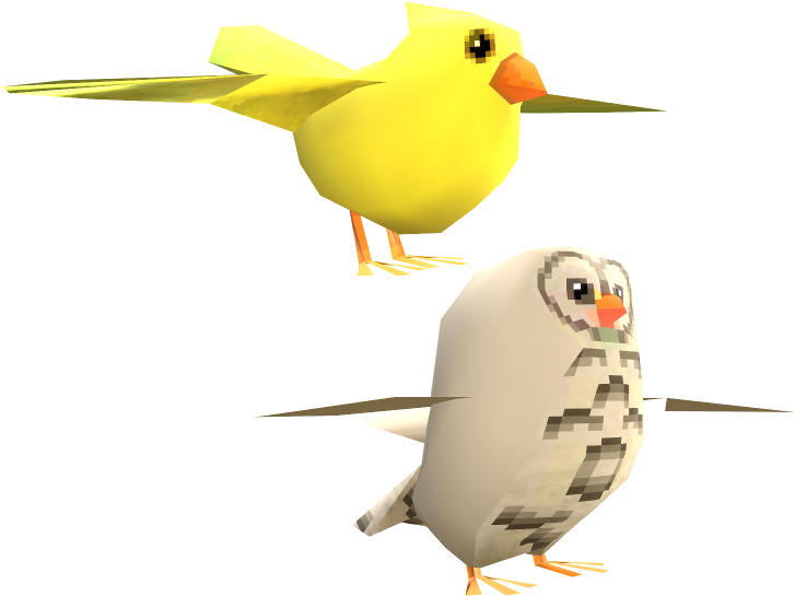 動畫黃灰鳥 壁紙 — 兩隻風格化的鳥，一隻亮黃色和一隻像素化白色，在純黑色背景上飛翔。