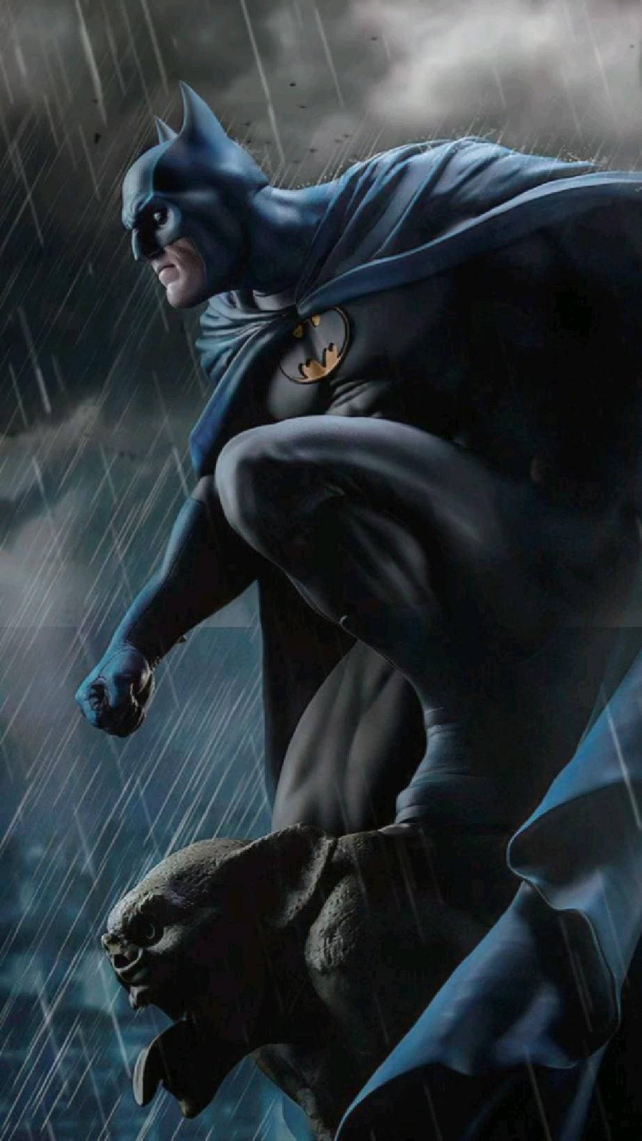 蝙蝠俠在夜晚的大雨中蹲在石像鬼上。
