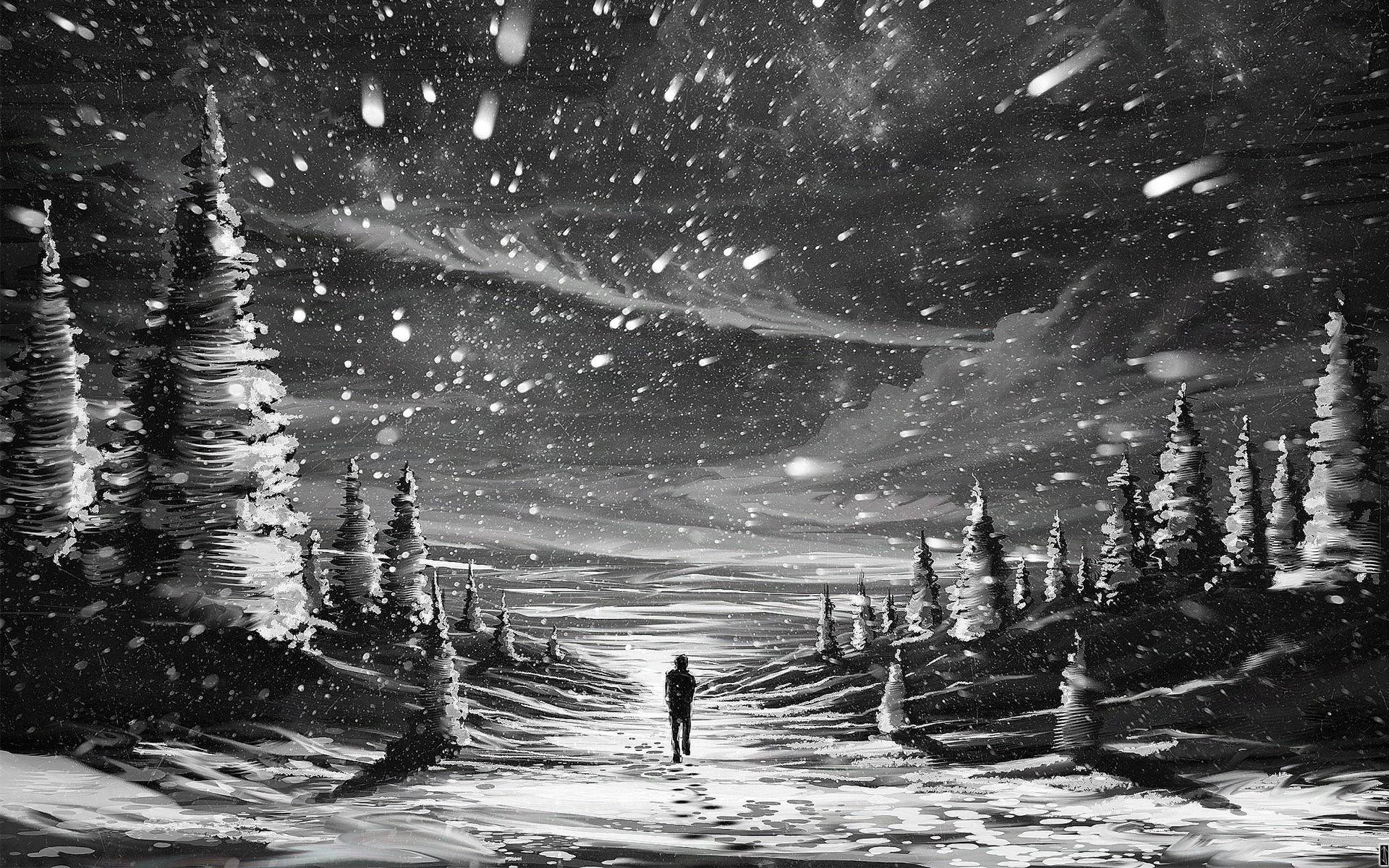 一個孤獨的人穿過雪地森林，在星空夜空下，飄雪和彗星般的條紋。