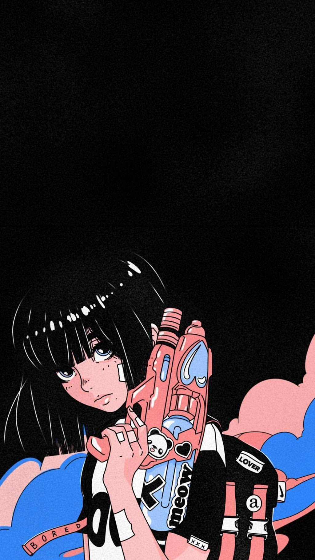 動畫黑髮少女持粉槍手機壁紙 壁紙 — 一個風格化的動漫女孩，黑髮，在黑色背景上拿著粉紅色水槍，背景有彩色抽象形狀。