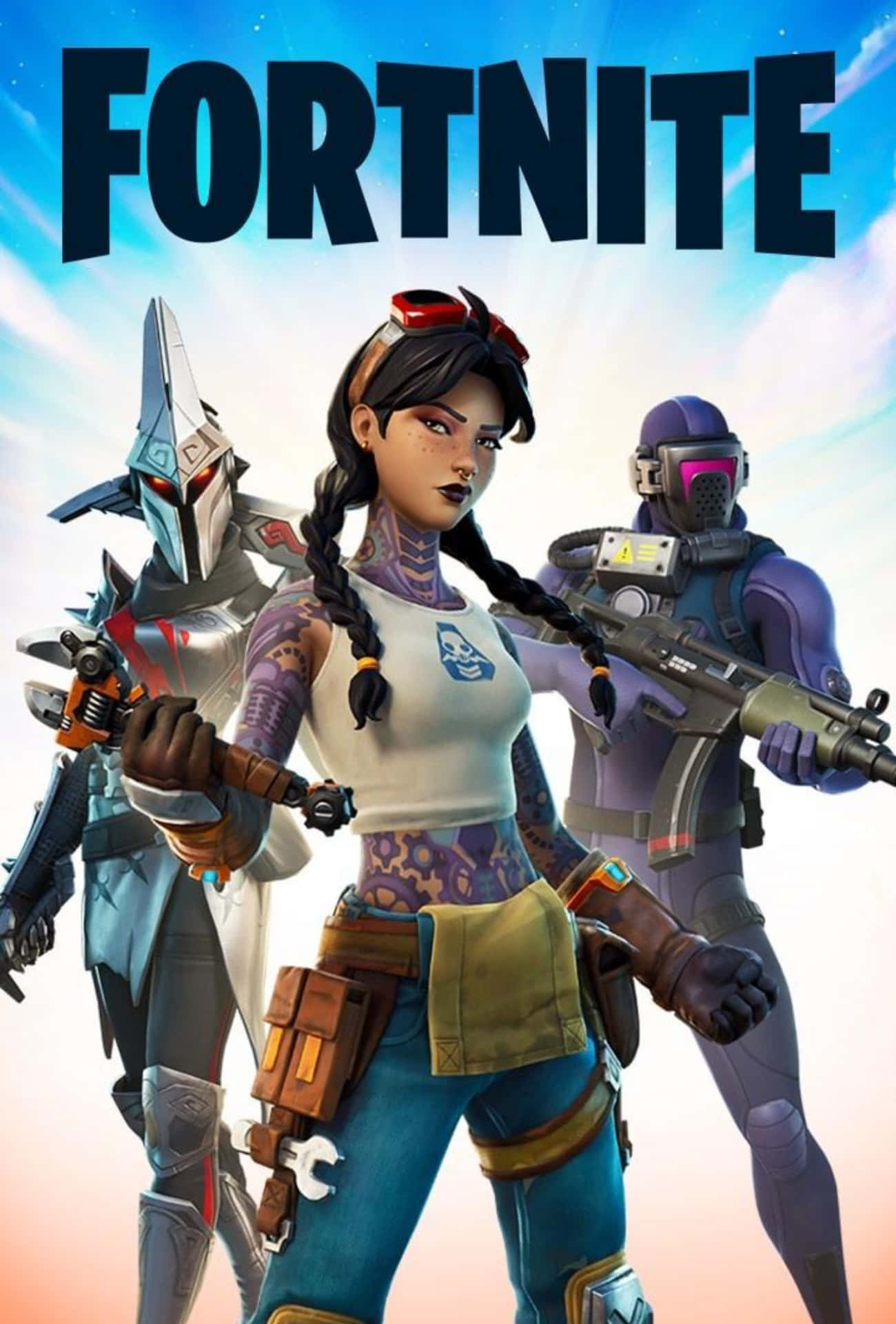 三個身穿戰鬥裝備的Fortnite角色手持武器。