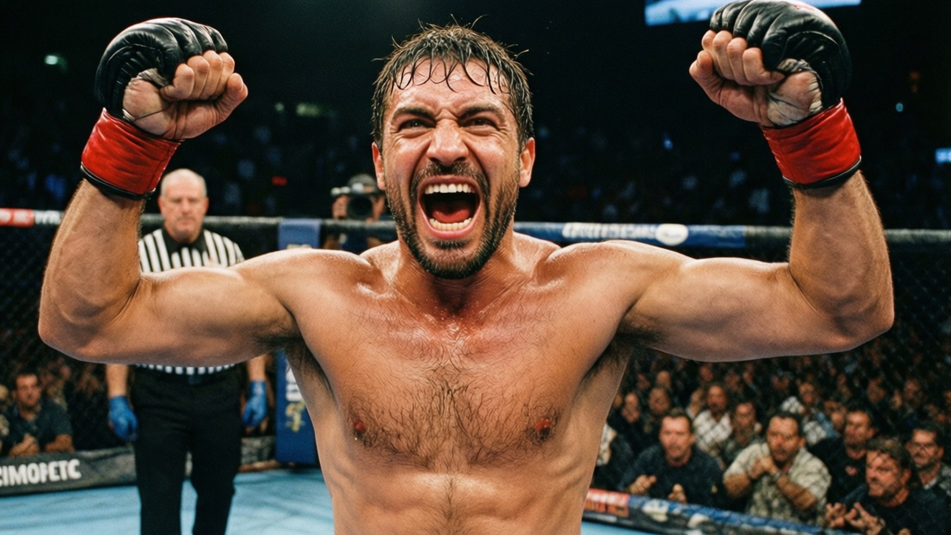 一位勝利的MMA拳手在擂台上高舉拳頭慶祝。