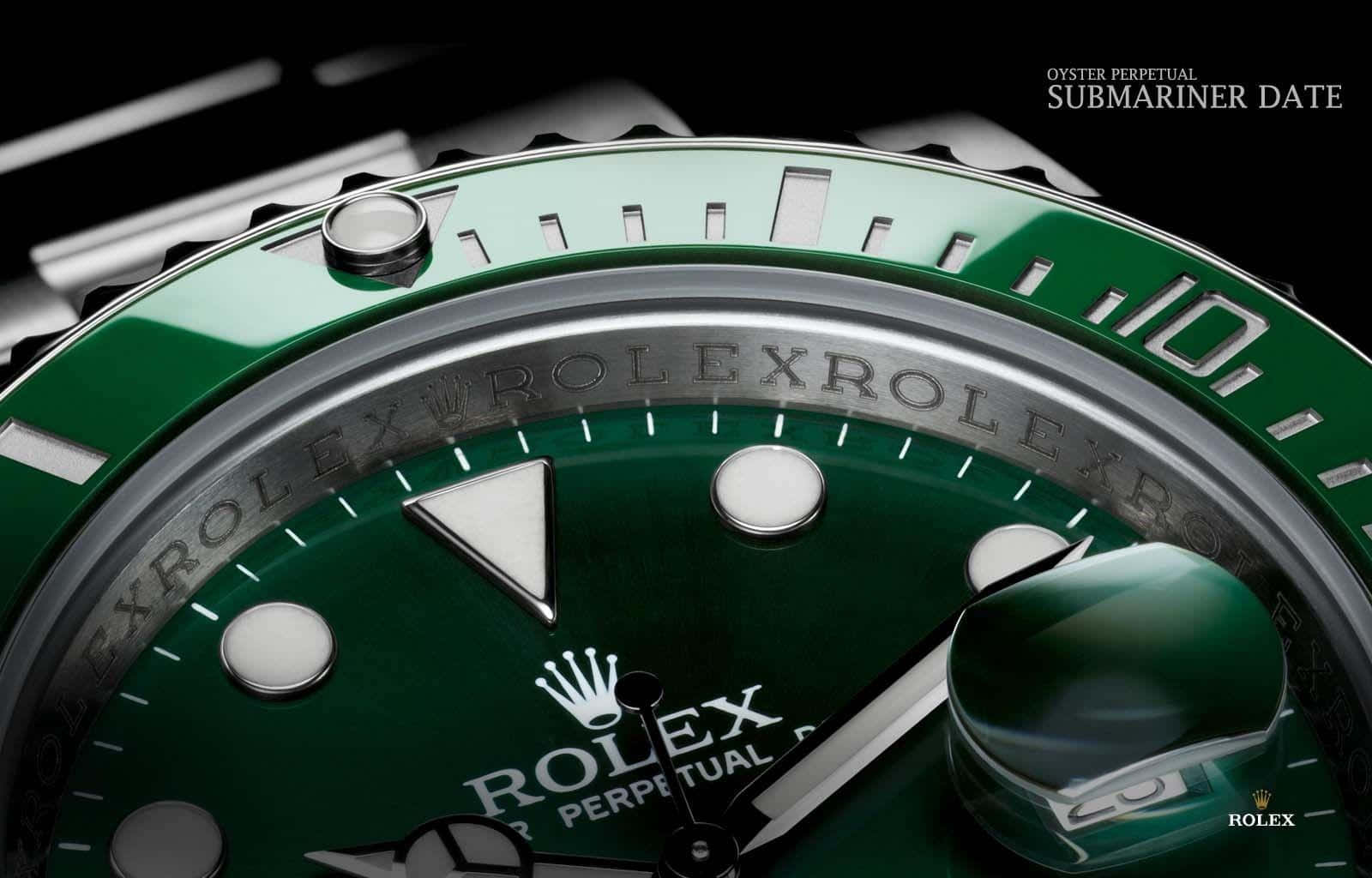 Rolex 桌布 壁紙 — 勞力士Submariner Date手錶特寫，配以鮮綠色錶盤及錶圈，黑色背景。