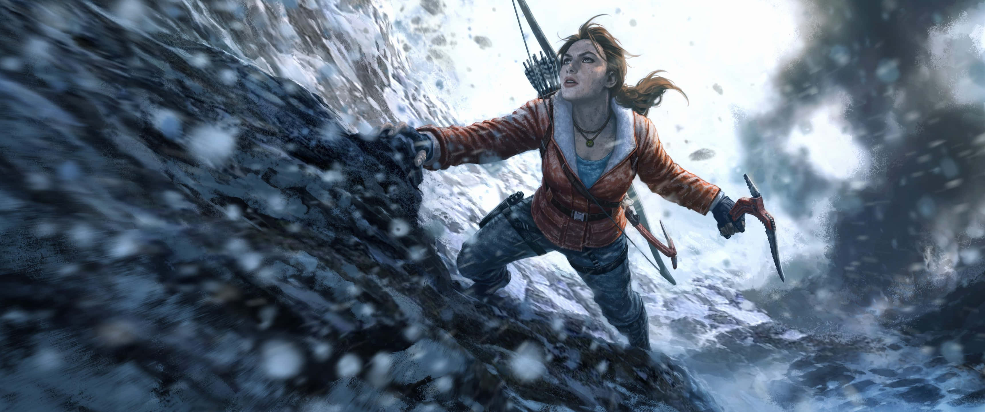 勞拉攀爬雪山 3440x1440p《古墓麗影：崛起》背景 壁紙 — 一位堅定的冒險家，在旋轉的雪和暴風中，用冰斧攀登雪覆蓋的懸崖面。