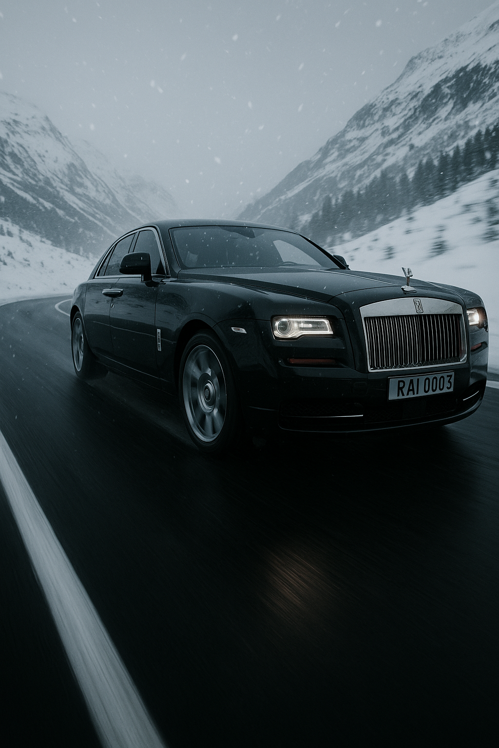 勞斯萊斯車款壁紙 壁紙 — 一輛黑色勞斯萊斯 Ghost 在積雪的山路上行駛，雪花飄落，白色線條模糊掠過。