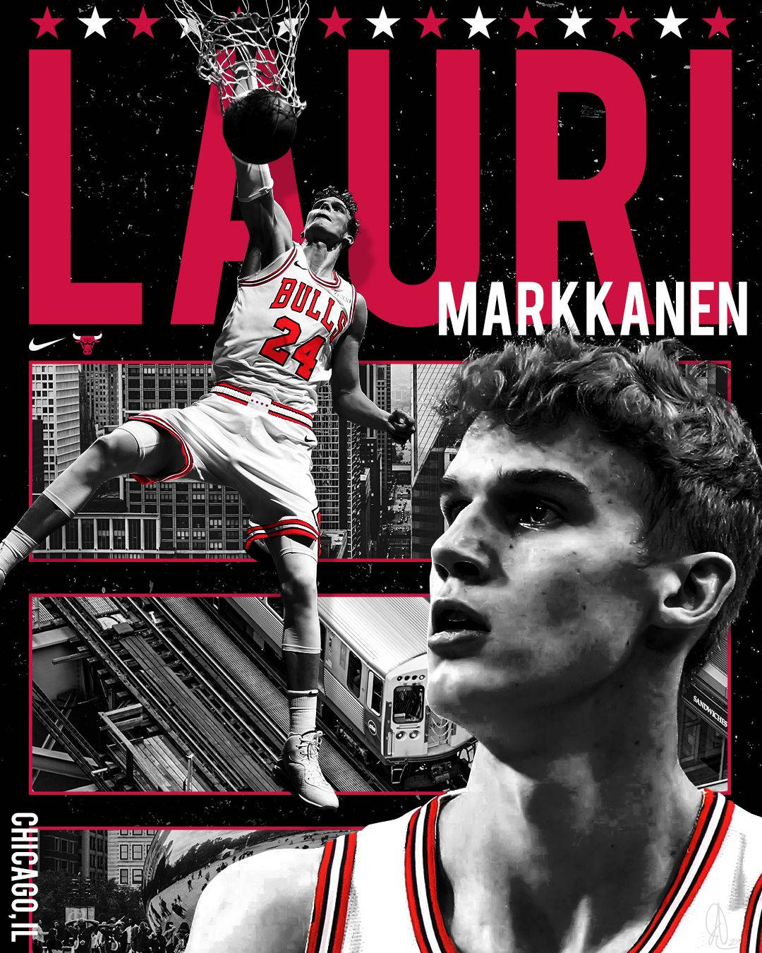 Lauri Markkanen 身穿公牛隊球衣在芝加哥天際線拼貼上入樽。