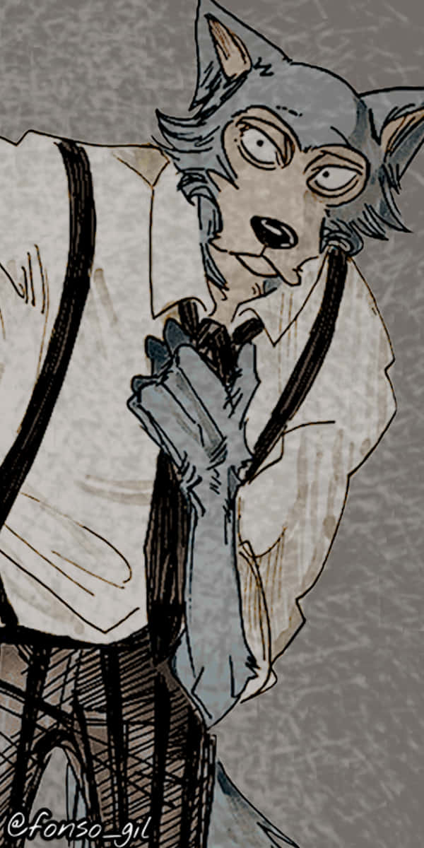 勤奮而體貼的棕色熊 Legosi 壁紙 — 一隻疲憊的擬人化狼，穿著皺巴巴的襯衫和吊帶，在紋理灰色背景前疲憊地向前傾。