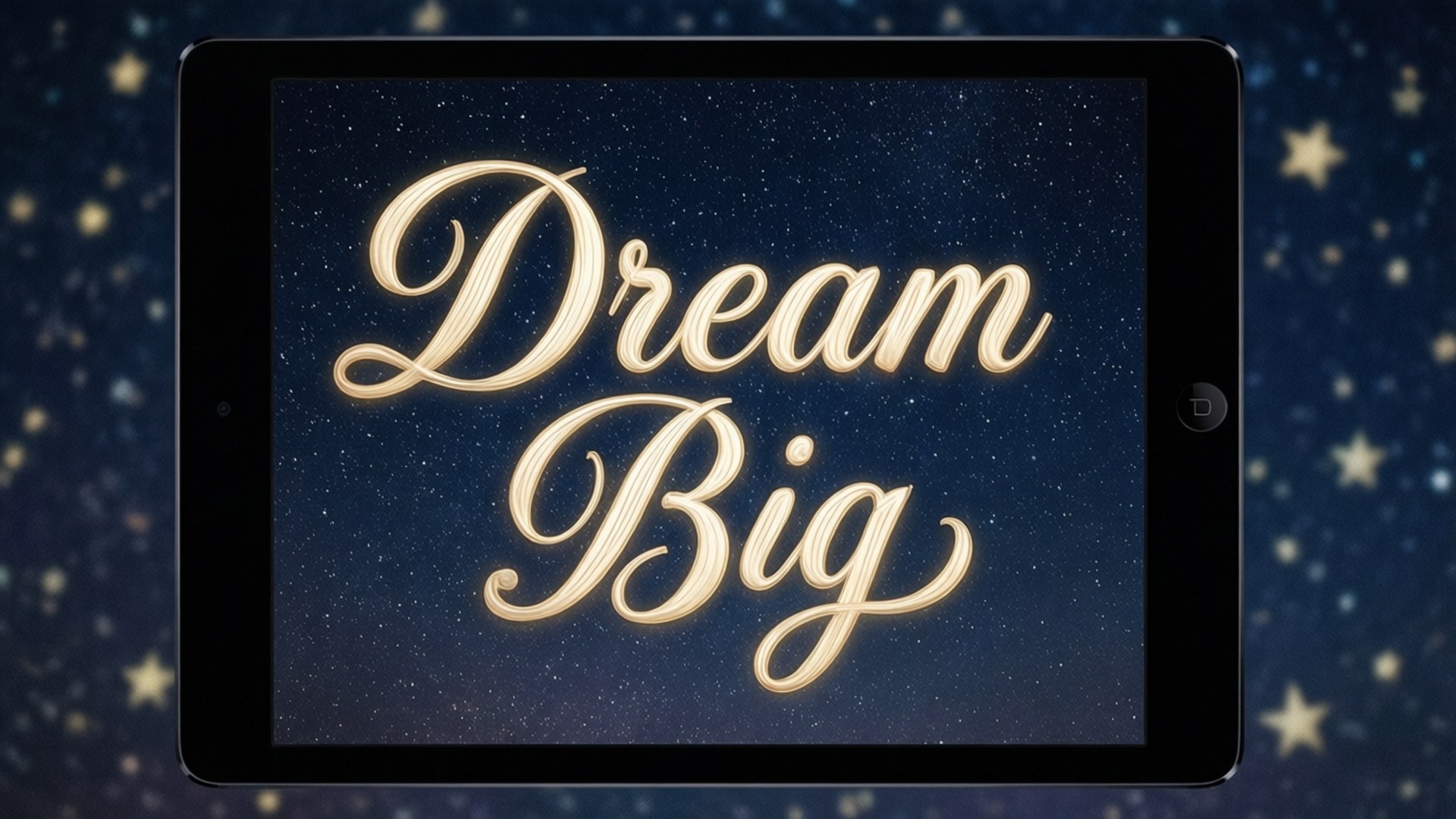 勵志名言平板 壁紙 — 平板電腦在星空夜空背景下顯示金色草書文字「Dream Big」。