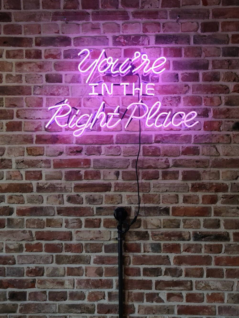 磚牆上寫著 You're IN THE Right Place 的紫色霓虹燈牌。
